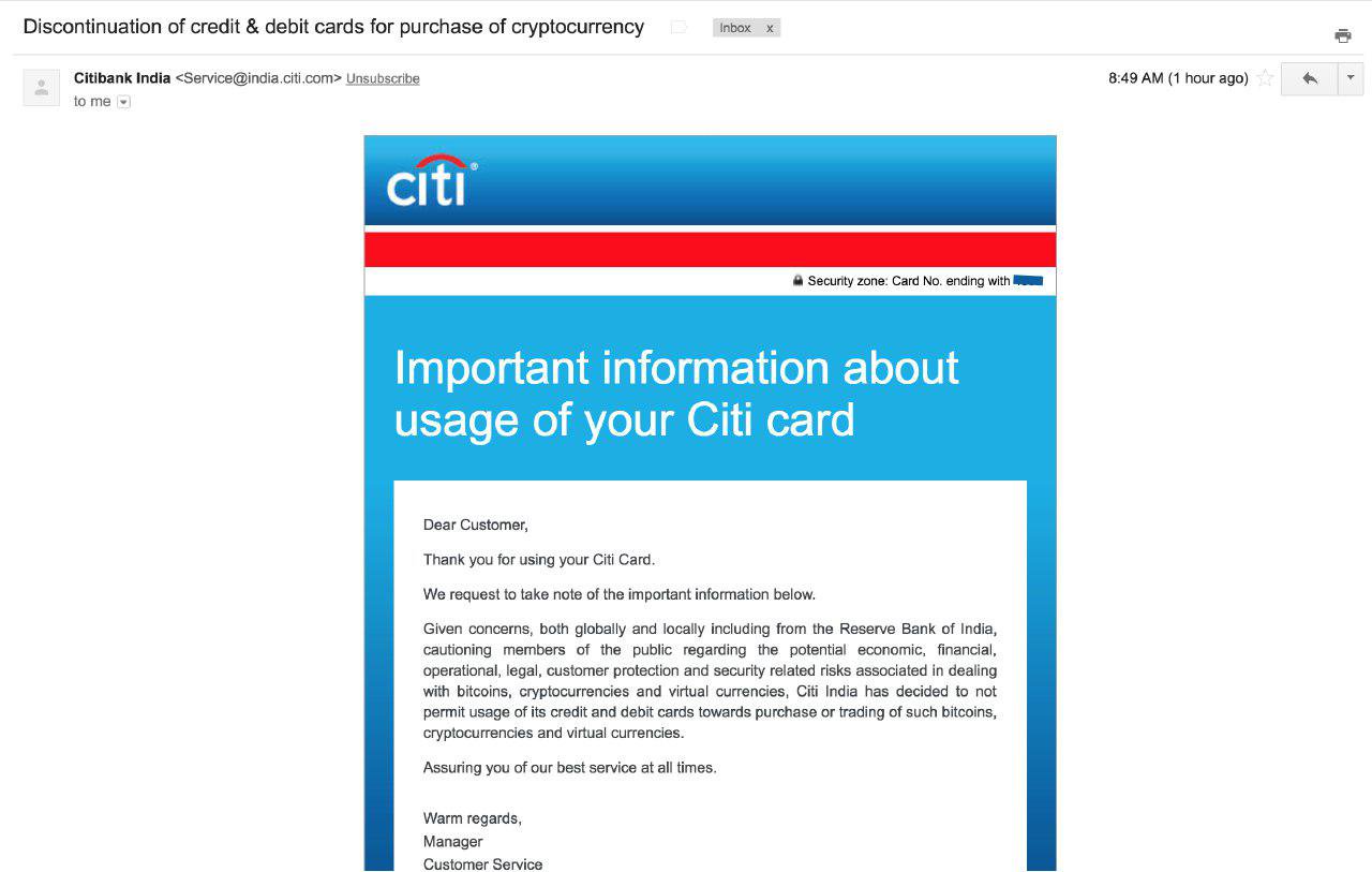 Citibank India to Not Permit Card Customers Purchasing or Trading Crypto