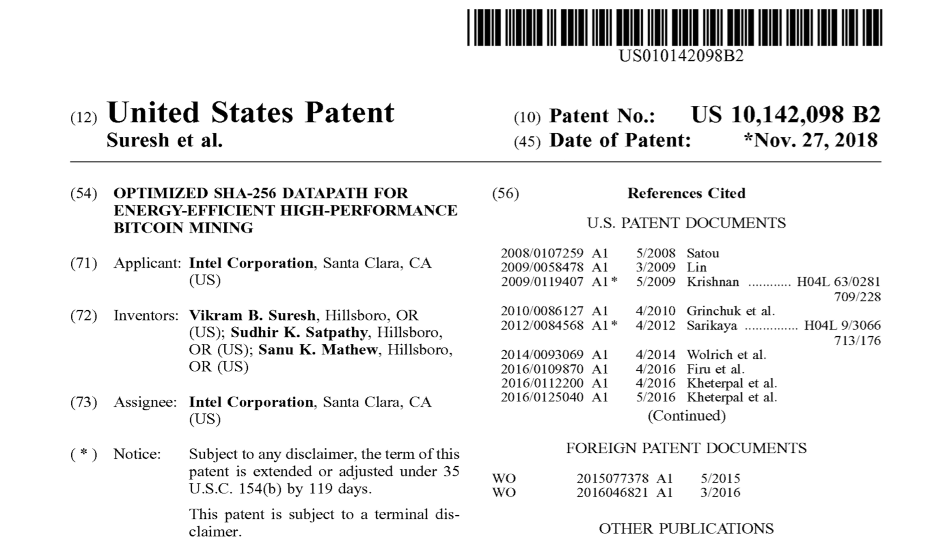 Intel Awarded a Patent for an Energy Efficient Bitcoin Mining Process Intel Awarded a Patent for an Energy Efficient Bitcoin Mining Process