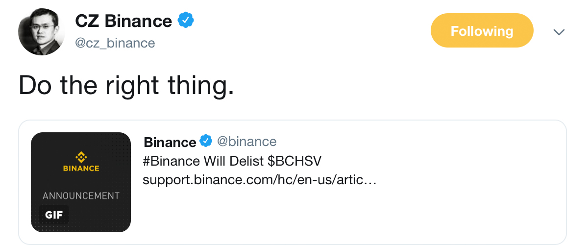 BSV Falls 13% After Binance Reveals Plans to Delist the Coin