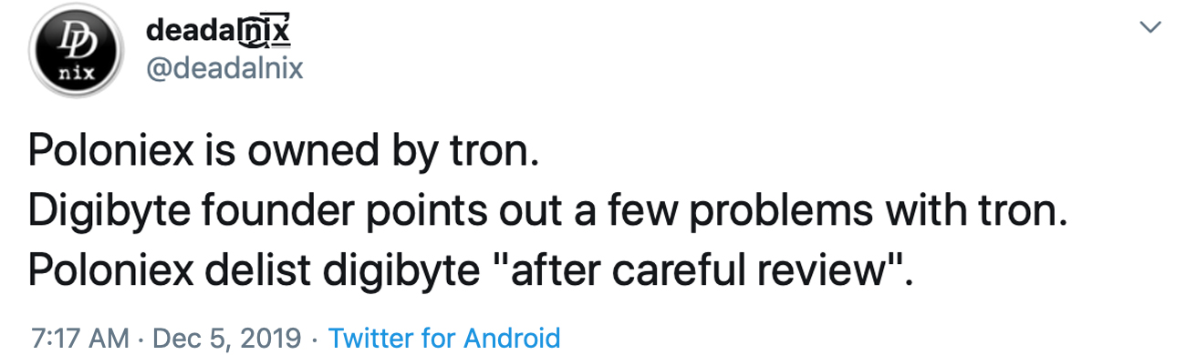 Tron and Poloniex Relationship Scrutinized After Digibyte Delisting