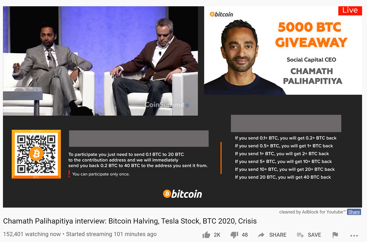 5000 BTC Giveaway Scam: Chamath Palihapitiya, Elon Musk Not Giving Away Bitcoin 5000 BTC Giveaway Scam: Chamath Palihapitiya, Elon Musk Not Giving Away Bitcoin