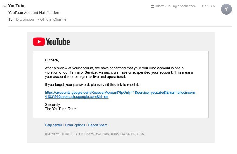 Youtube Reinstates Bitcoin.com's Official Channel After Suspension