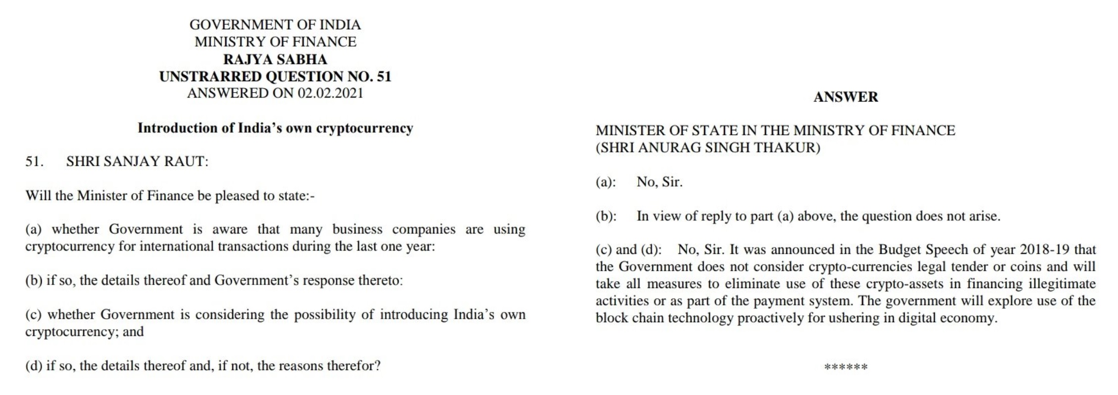 Indian Government Clarifies Position on Cryptocurrency and Digital Rupee