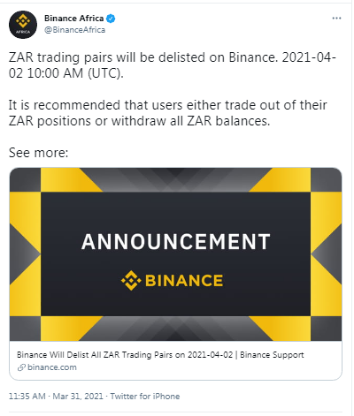 Binance Abruptly Delists South African Rand Trading Pairs After Currency Fails to Meet 'High Level Standard'