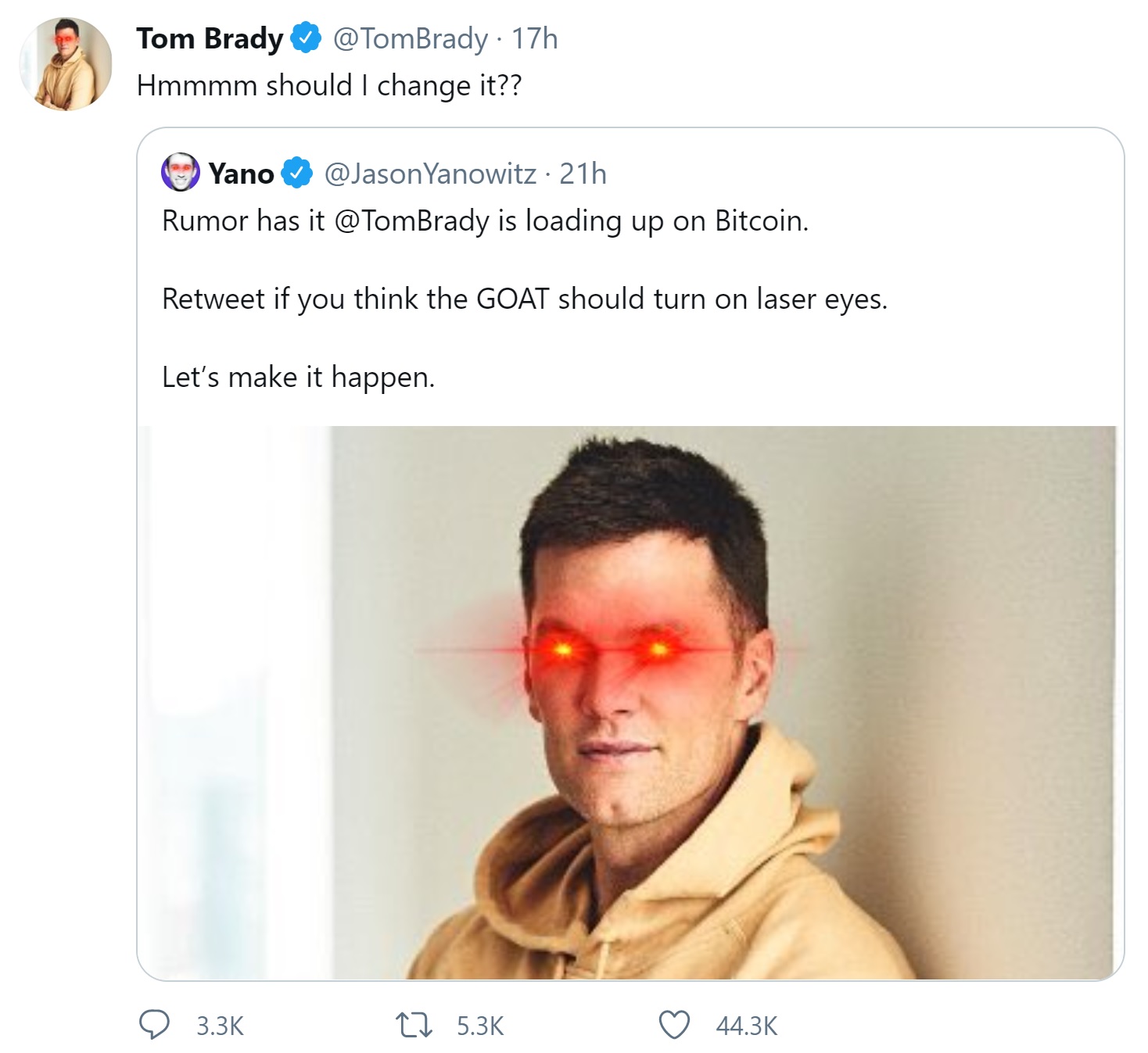 NFL Star Quarterback Tom Brady Hops on the Bitcoin Bandwagon, Turns on Laser Eyes NFL Star Quarterback Tom Brady Hops on the Bitcoin Bandwagon, Turns on Laser Eyes