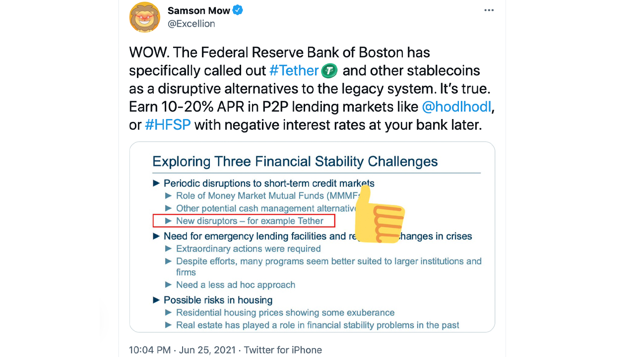 Boston Fed President Says Tether and Stablecoins Could Disrupt Money Markets 