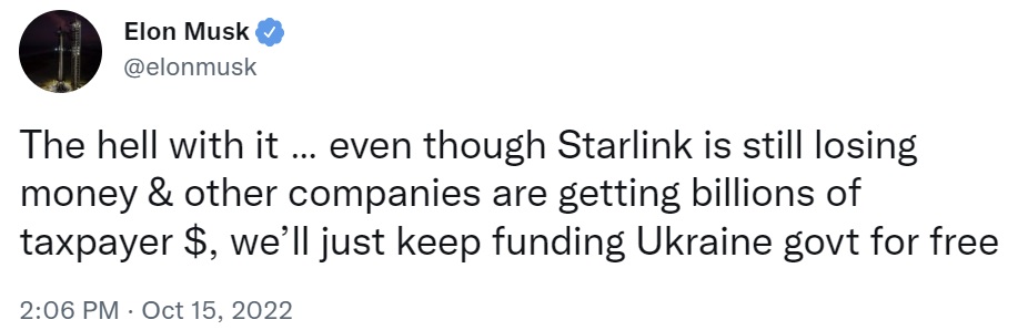 Elon Musk Says Spacex Will Keep Funding Ukraine for Free Even Though Starlink Is Losing Money — $80M Spent so Far