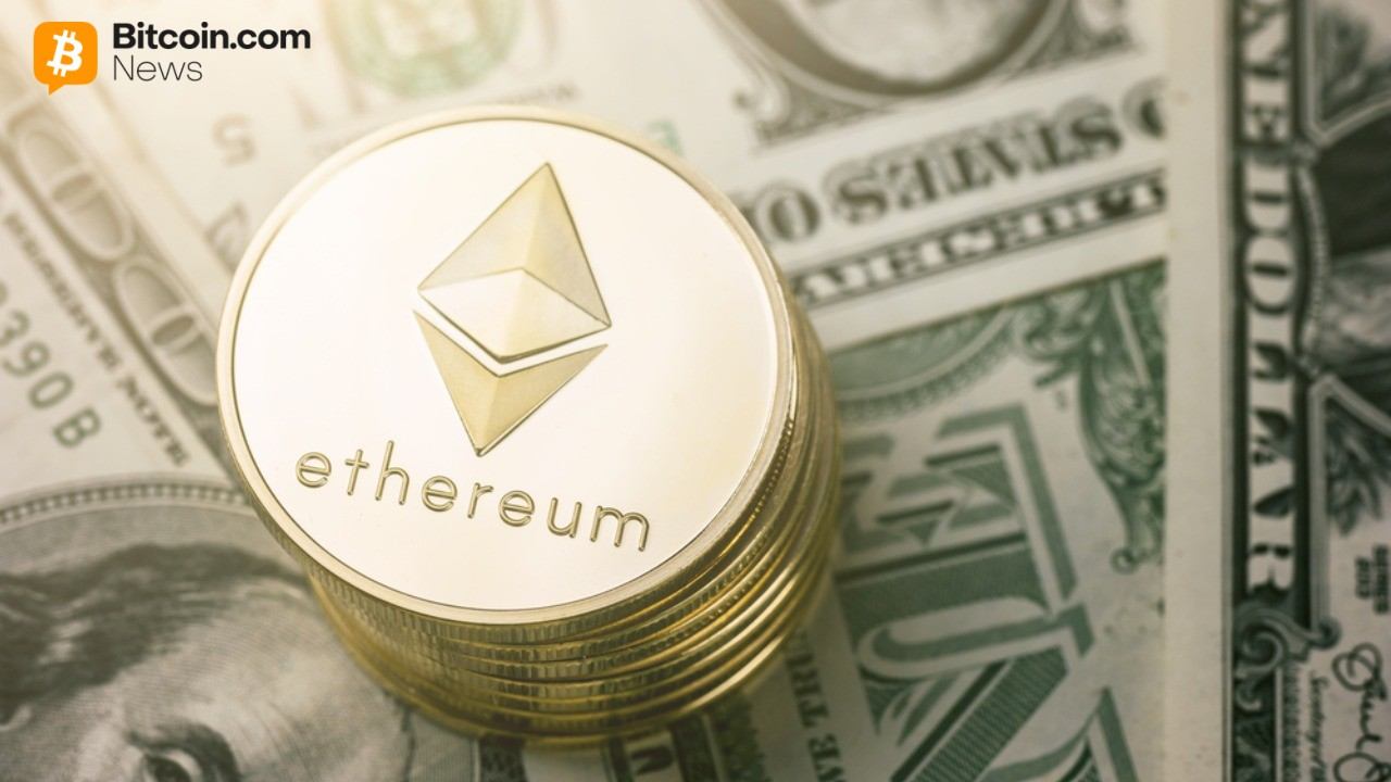 Stack of Ethereum coins on dollar bills