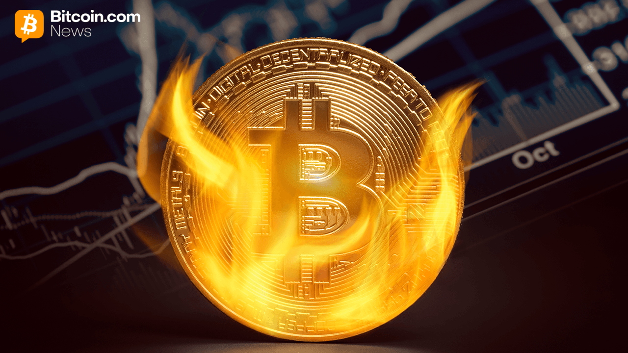 A bitcoin burning with a chart backdrop.