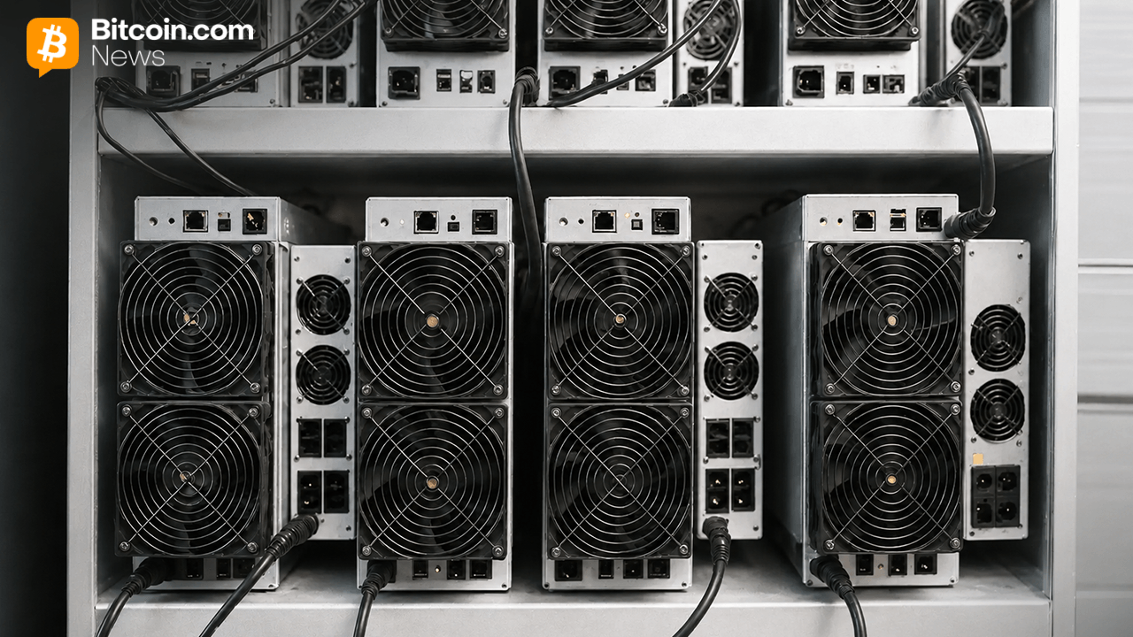 Bitcoin miners on a rack in a mining facility.