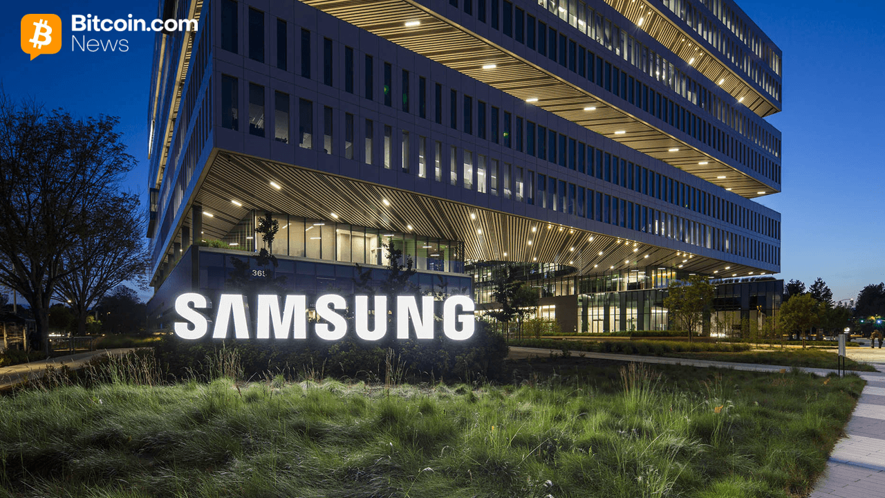Samsung building at dusk.
