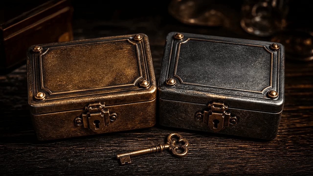Two closed and long dormant treasure chests with a key.