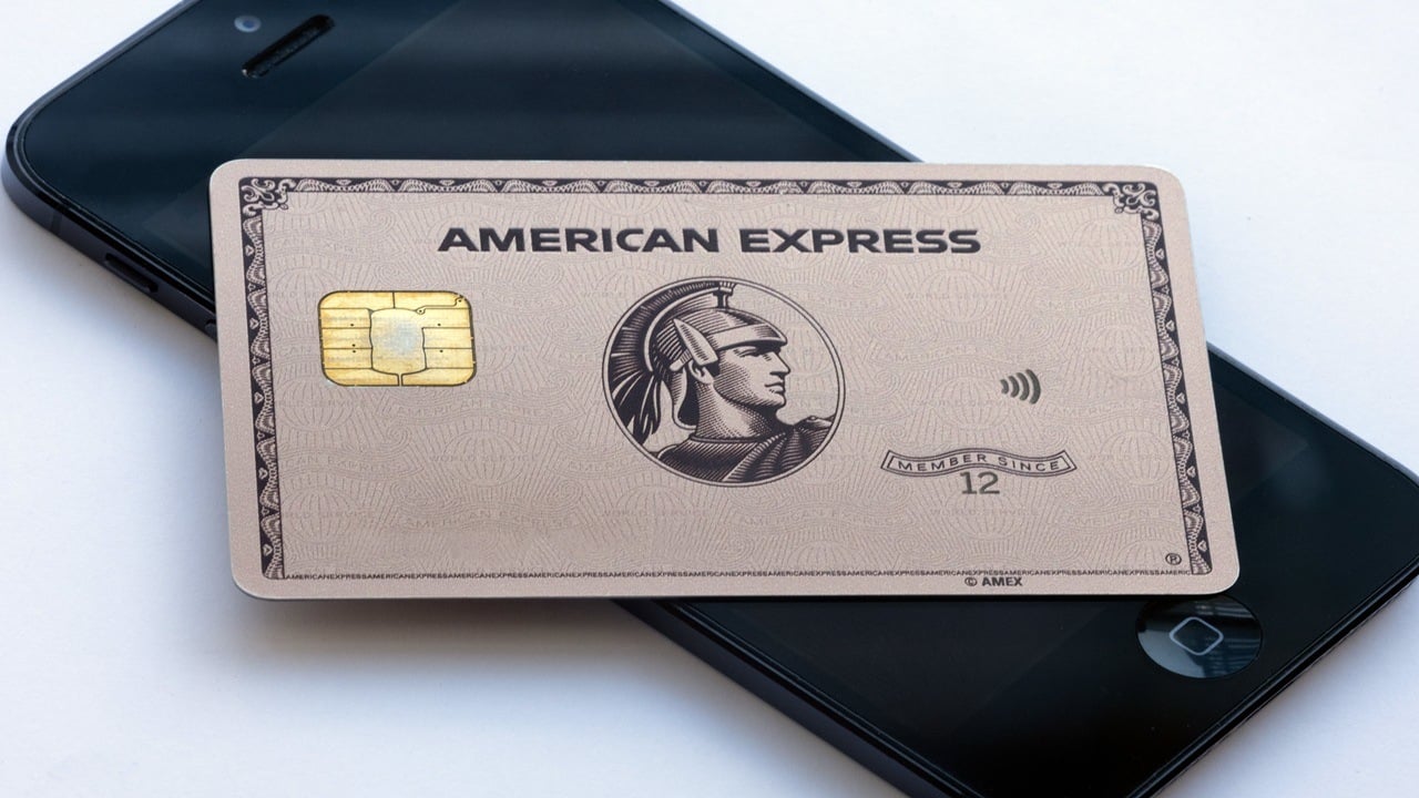 Image of an American Express card on top of a phone.