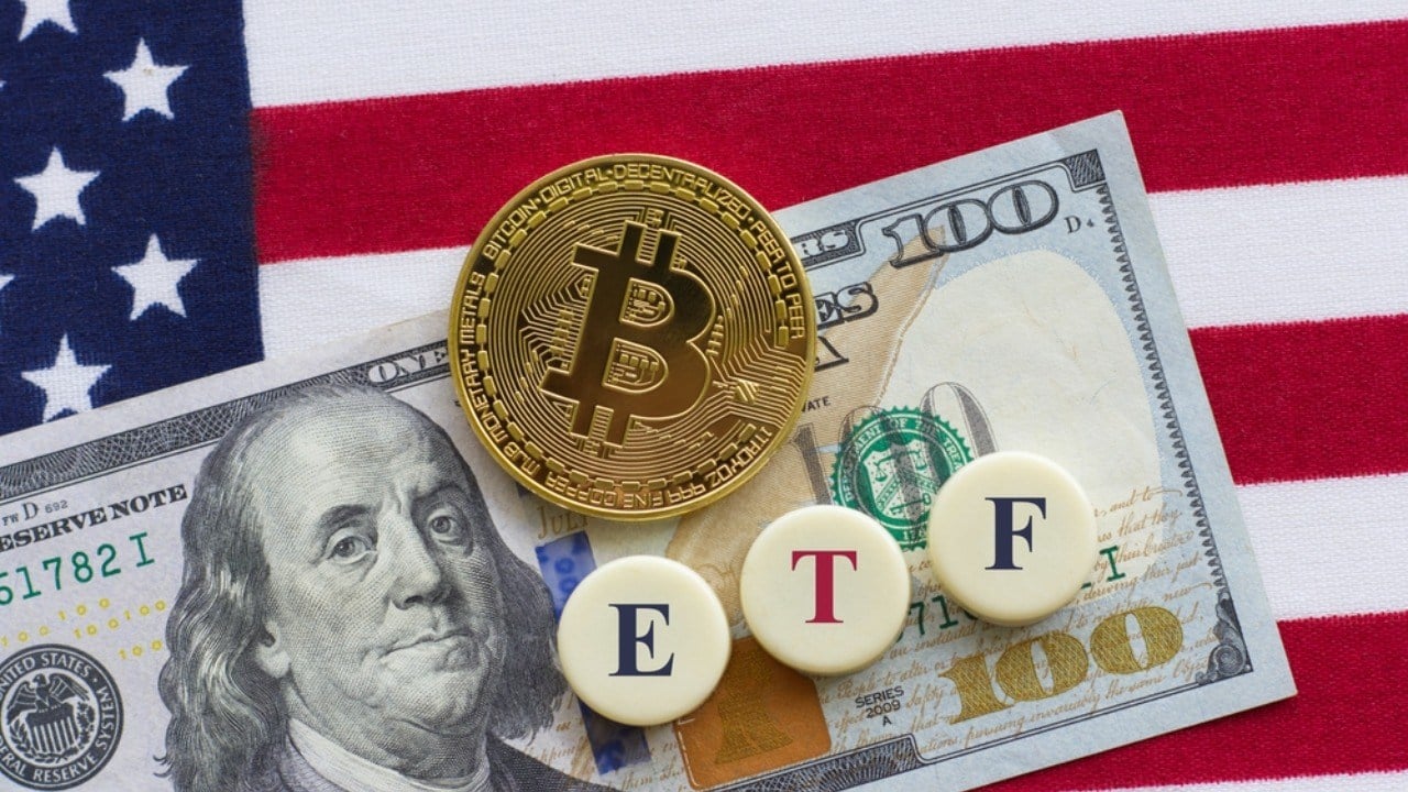 Bitcoin with ETF sign and dollar bill on US flag