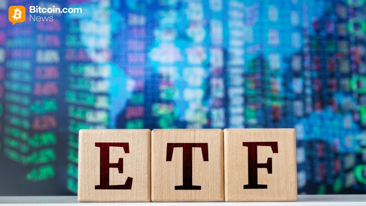 ETF on wooden blocks with trading screen in background