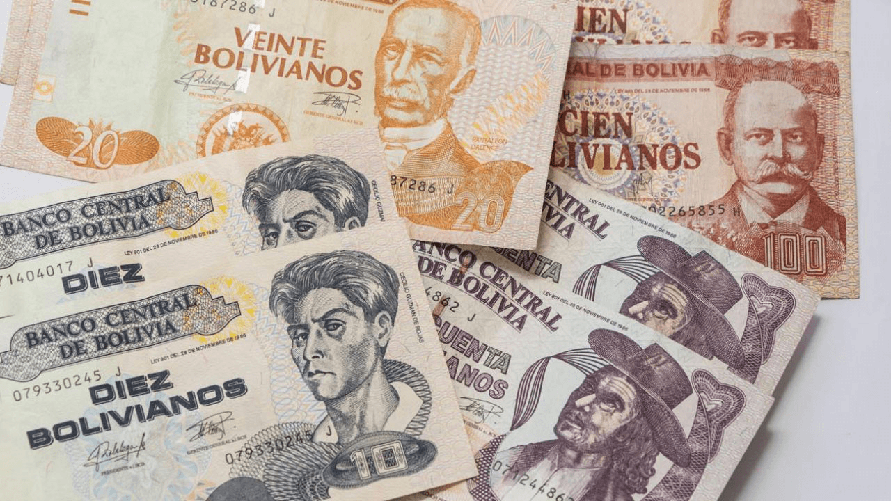Stack of Bolivian bolivianos.