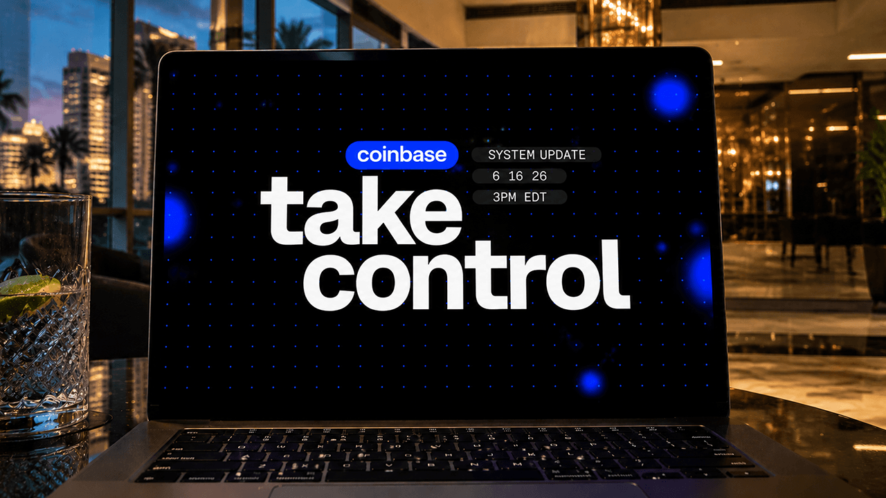 Coinbase livestream on a laptop on June 16, 2026.