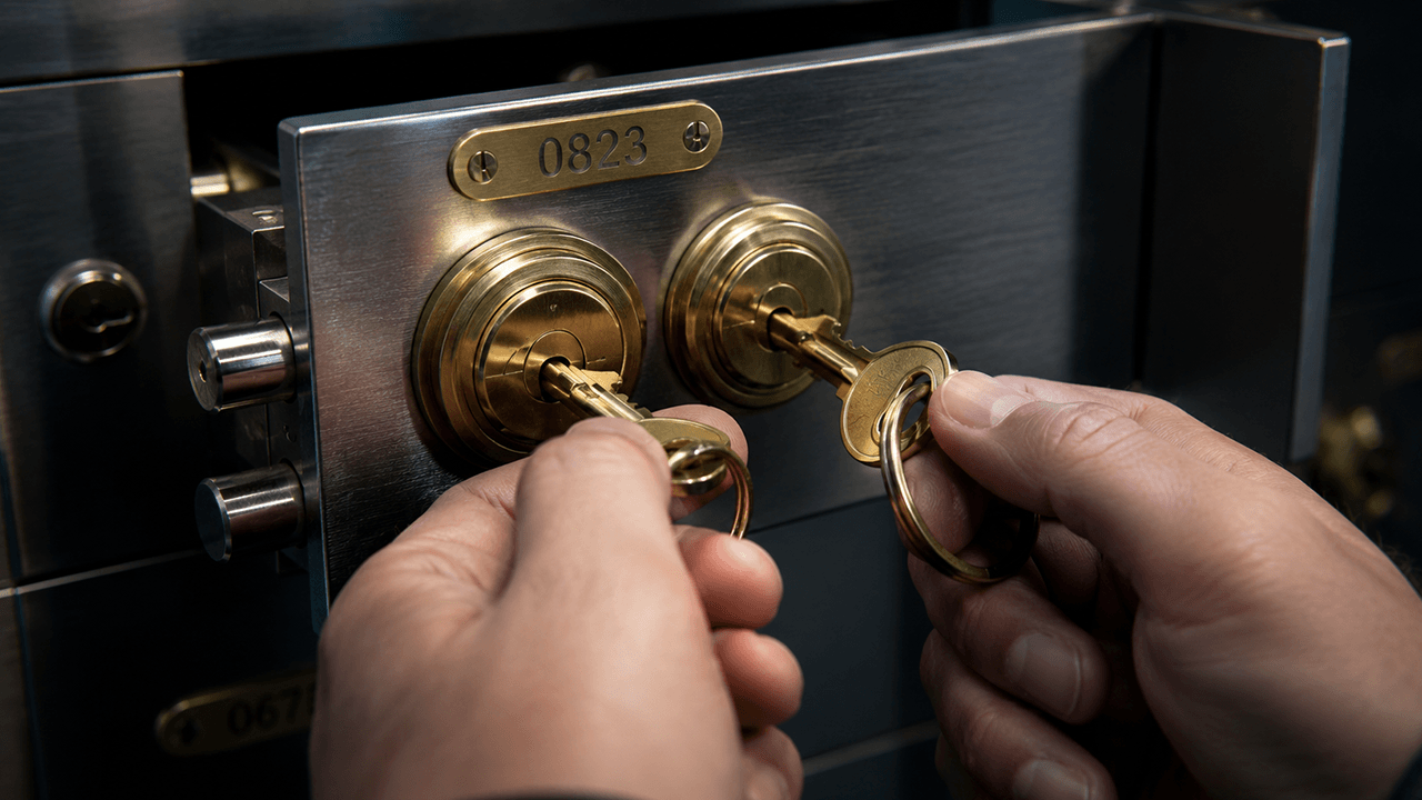 Two keys being used to open a safety deposit box for the first time in years.
