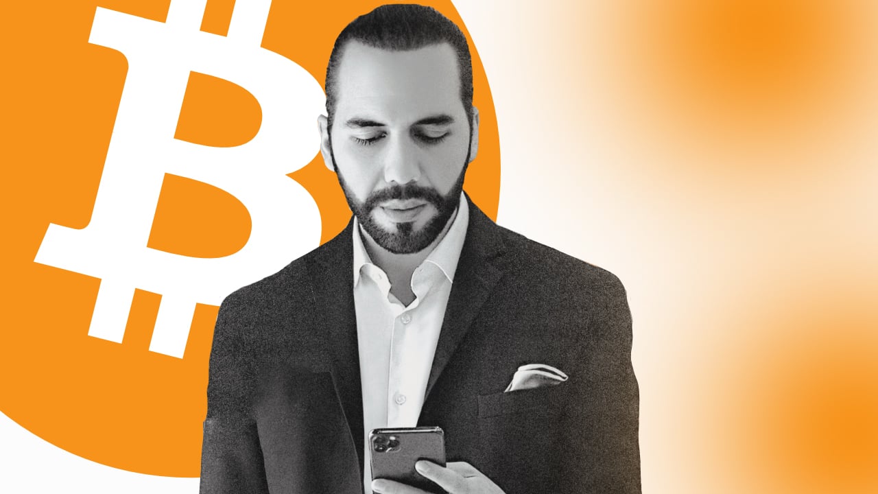 A picture of Salvadoran President Nayib Bukele againt a BTC backdrop.