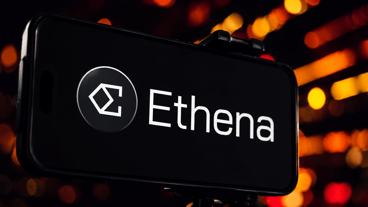 Ethena Labs logo on a black smartphone flashing lights.