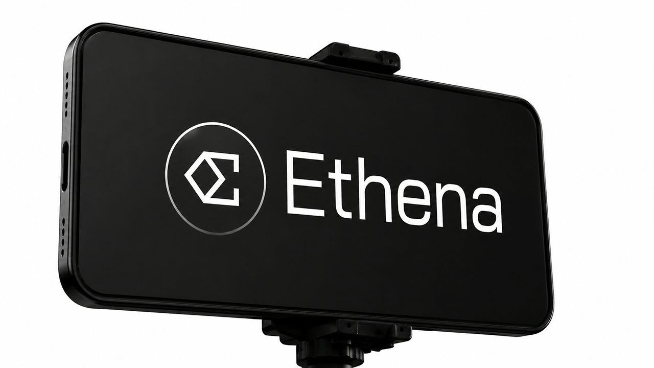 Ethena logo on a black smartphone.