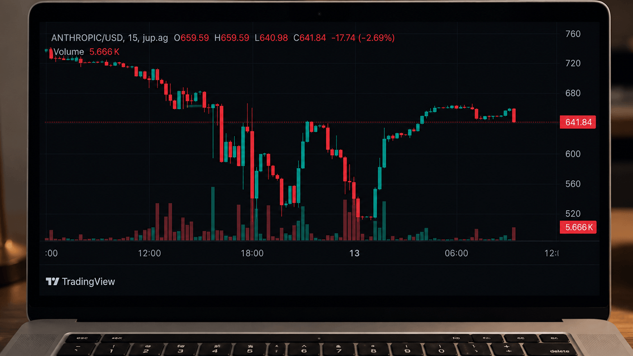 Prestocks ANTHROPIC token chart on a laptop on June 13, 2026.