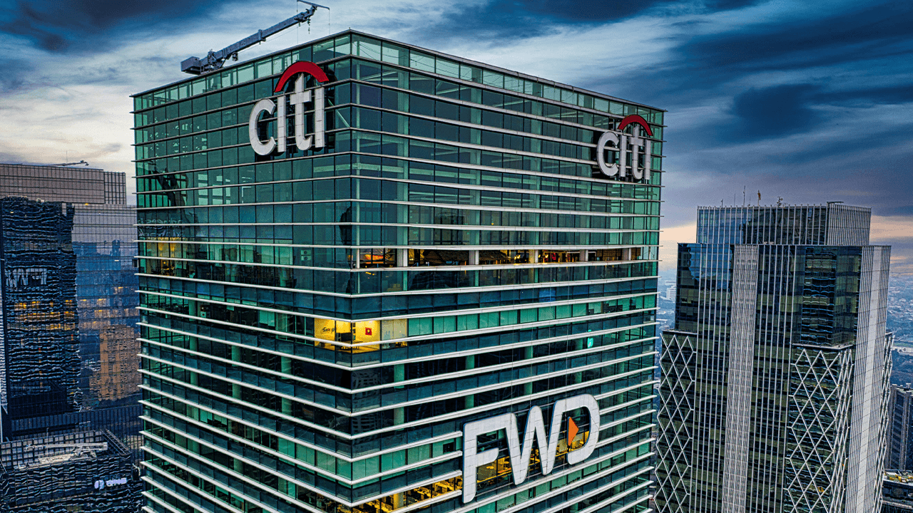 Drone shot of Citi Tower in Jakarta, Indonesia showcasing modern architecture.