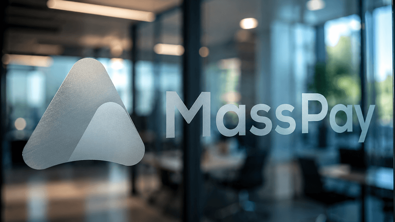 Masspay logo on a glass door, modern office.