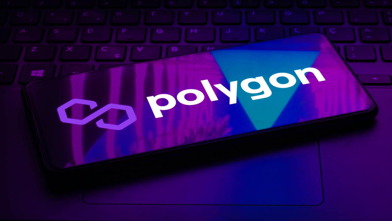 Polygon logo on a smartphone against a purple backdrop