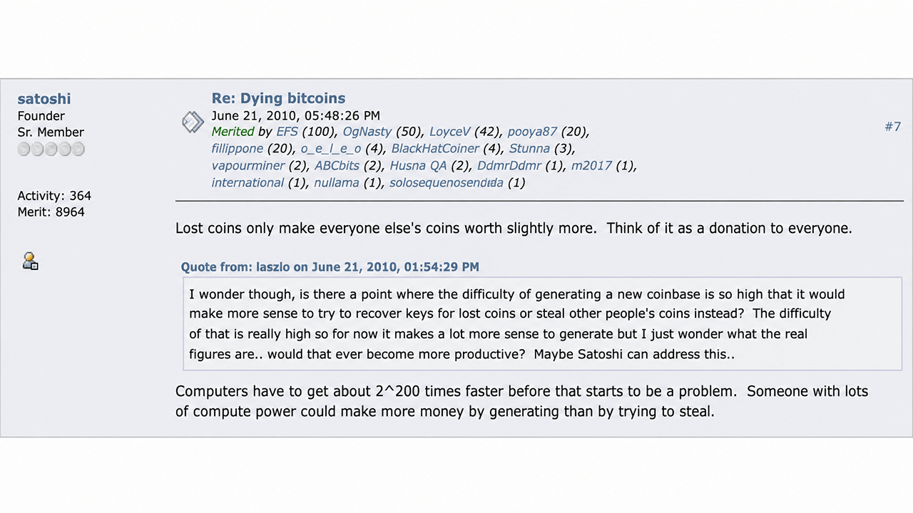 Bitcointalk post with Satoshi discussing lost coins.