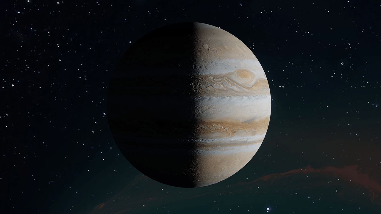 Space; Stunning view of planet Jupiter with visible cloud bands and darkened hemisphere against a starry sky.