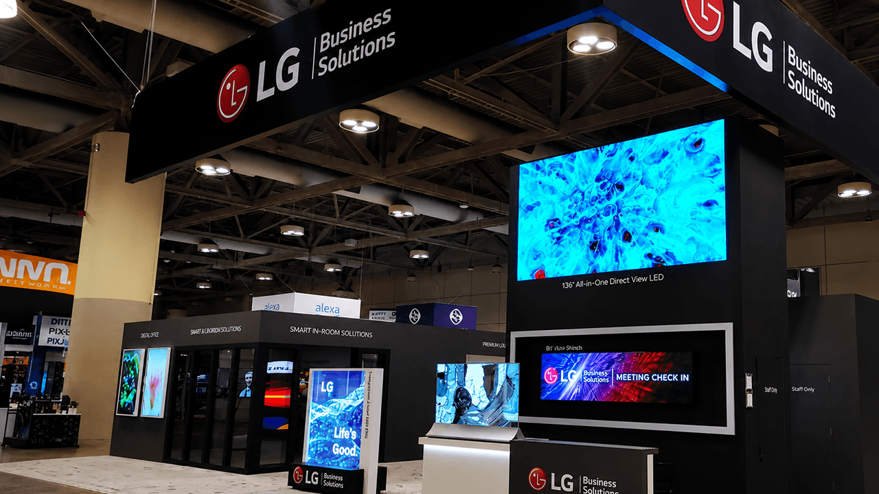 This LG Business image highlights their advanced display solutions with a sleek, tech-forward design and the tagline "Life's Good."