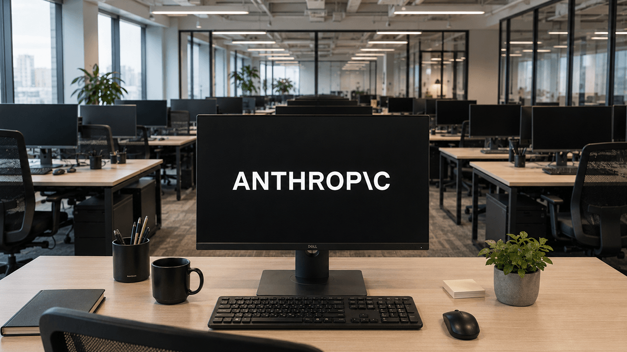 Anthropic logo in an office among a set of desktop computers.