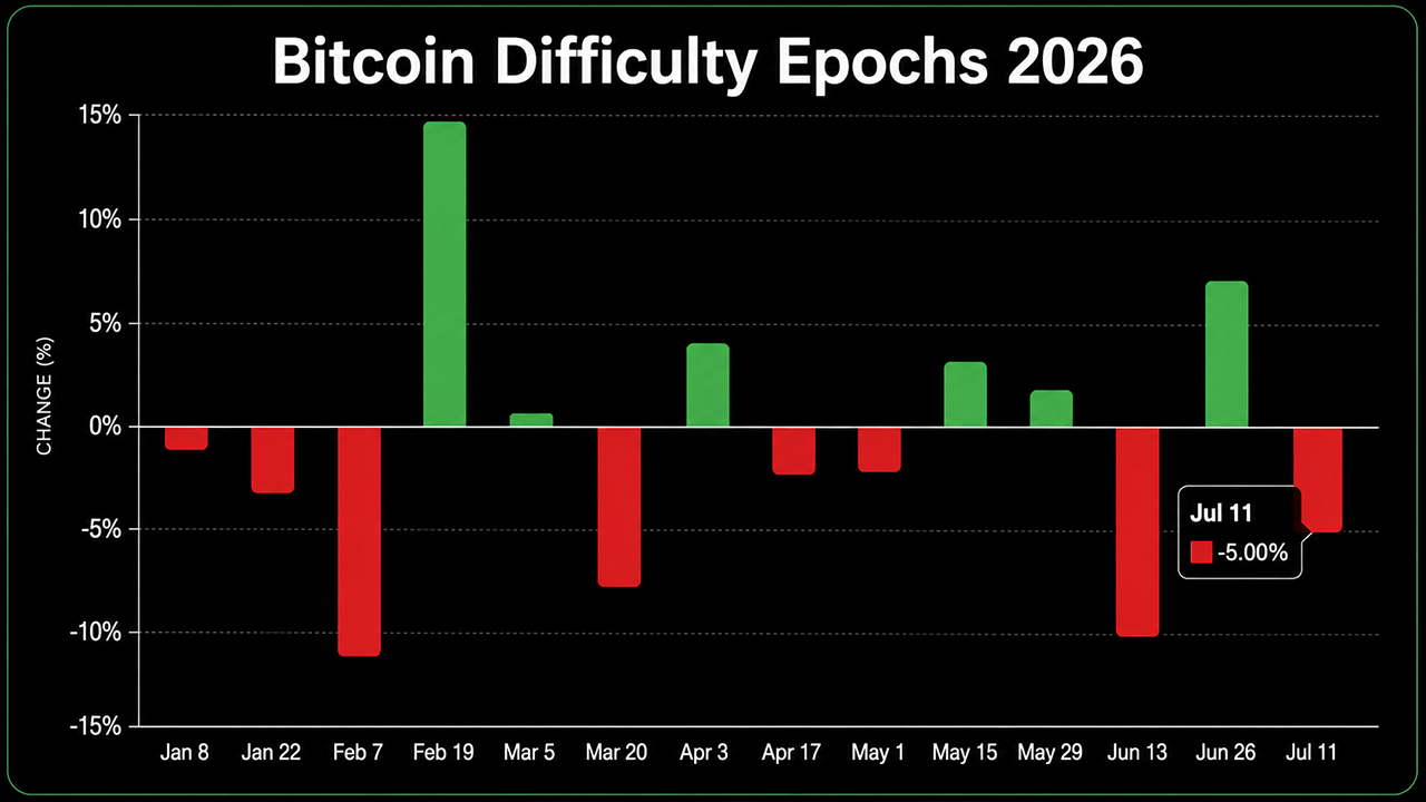 Chart showing all fourteen of Bitcoin's difficulty epochs.