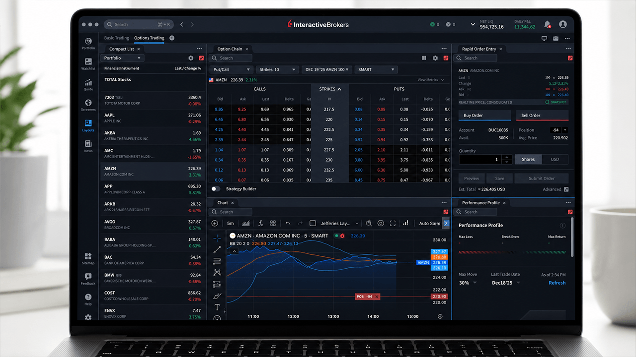 Interactive Brokers trading screen on a laptop.