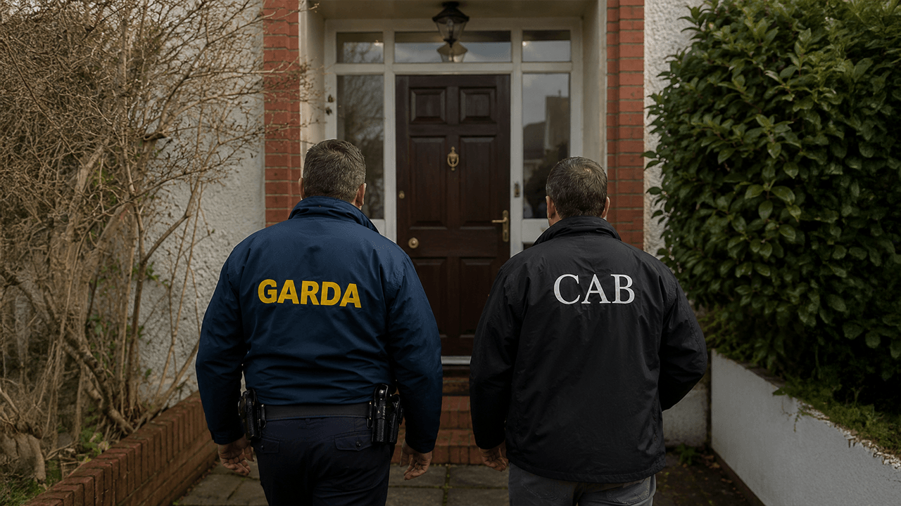 Two Irish law enforcement officials heading toward a house.