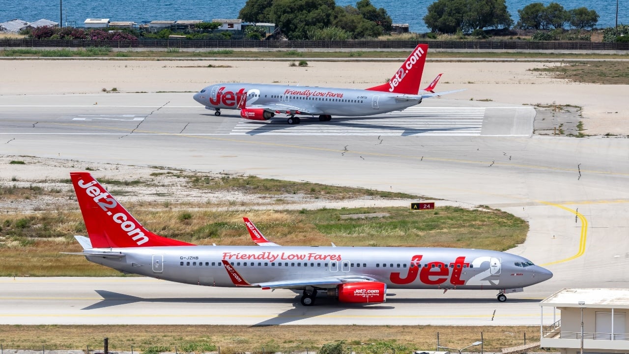 Jet2 Boeing 737-800 airplanes at Rhodes airport in Greece