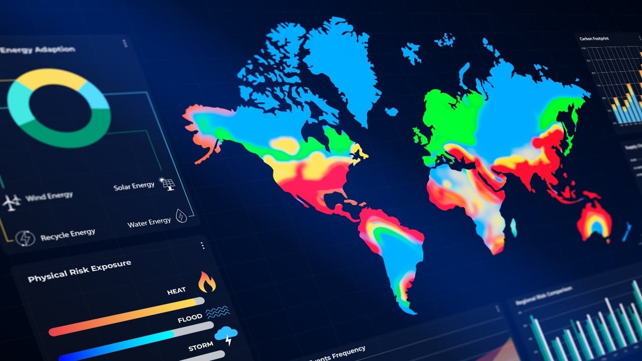 World map display showing temperature fluctuations with graphs