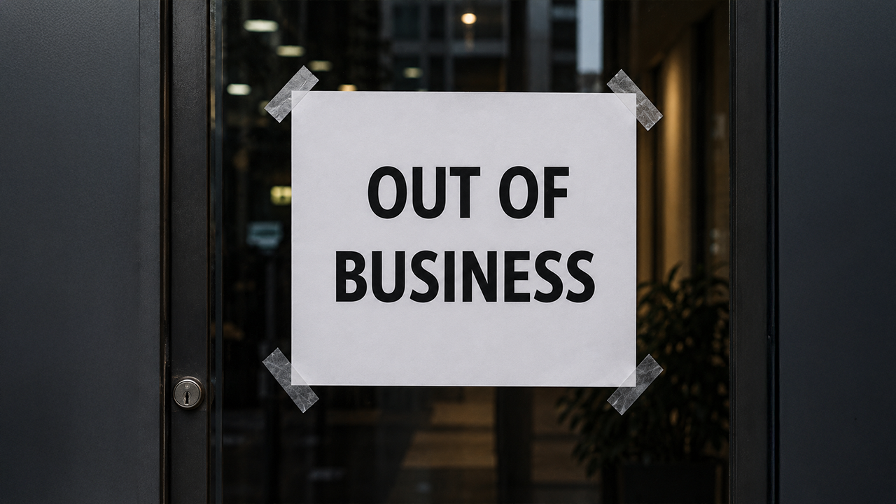 Out of business sign on a door.