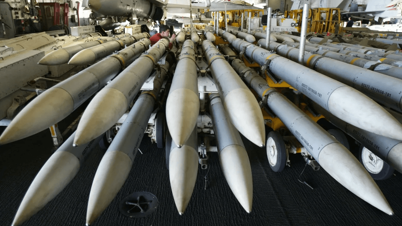 Photograph of dozens of missiles.