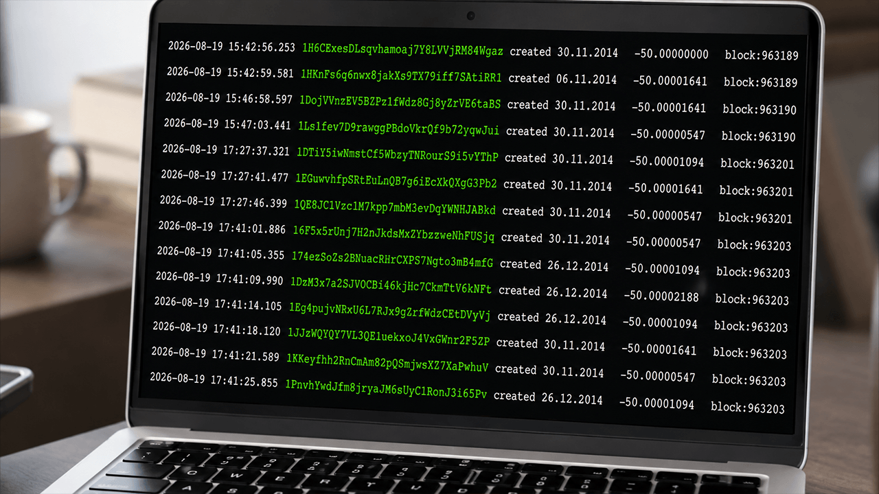 Btcparser screenshot on silver laptop.