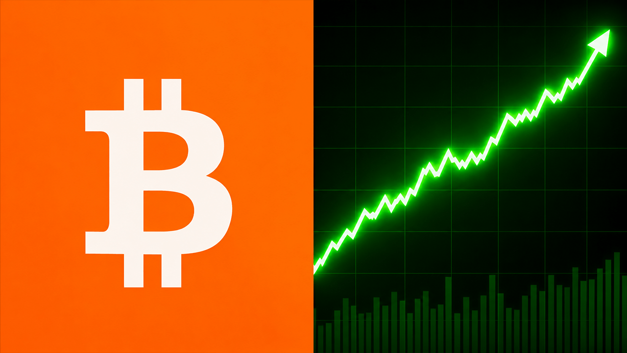 Bitcoin price concept image featuring the Bitcoin logo beside a glowing green chart climbing sharply higher.