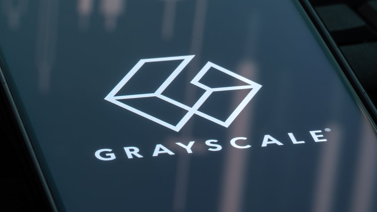 Grayscale's logo on a phone screen.