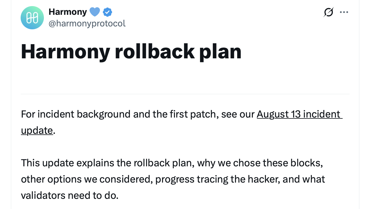Harmony X post on rollback